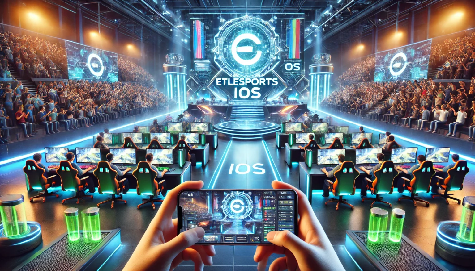 DALL%C2%B7E 2025 03 19 12.36.40 A highly detailed and ultra realistic digital rendering of an eSports event in a futuristic gaming arena similar to the original image. The scene inc eTrueSports iOS: The Ultimate Sports App for Live Scores, News, and Expert Analysis - eTrueSports Games