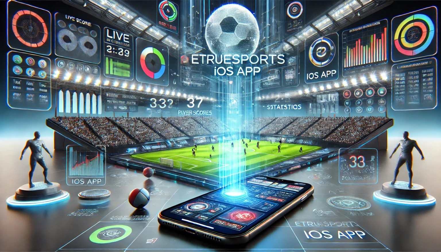 DALL%C2%B7E 2025 03 23 11.29.50 A high tech ultra realistic landscape image featuring the text eTrueSports iOS App integrated into the design. The scene showcases a futuristic spo eTrueSports iOS App: The Best Sports Companion for Live Updates and Game Predictions - eTrueSports Games